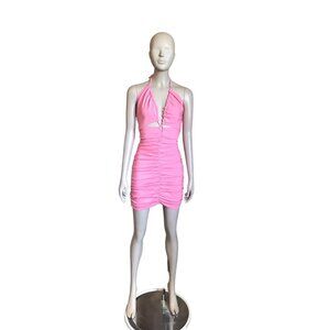 Zara Pink Ruched Cut Out Halter Neck Dress